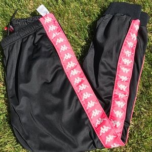 Kappa Black w/Pink Logo Panel Drawstring Track Pants Sz Large Inseam 30.5”.